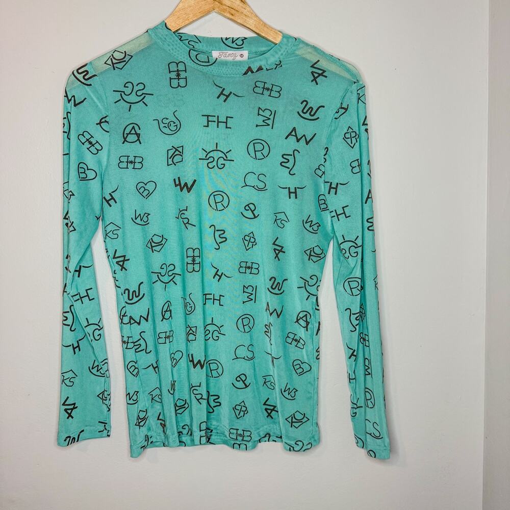 Tanz Turquoise Sheer Mesh Long Sleeve Western Brand Print Top Size M Y2K